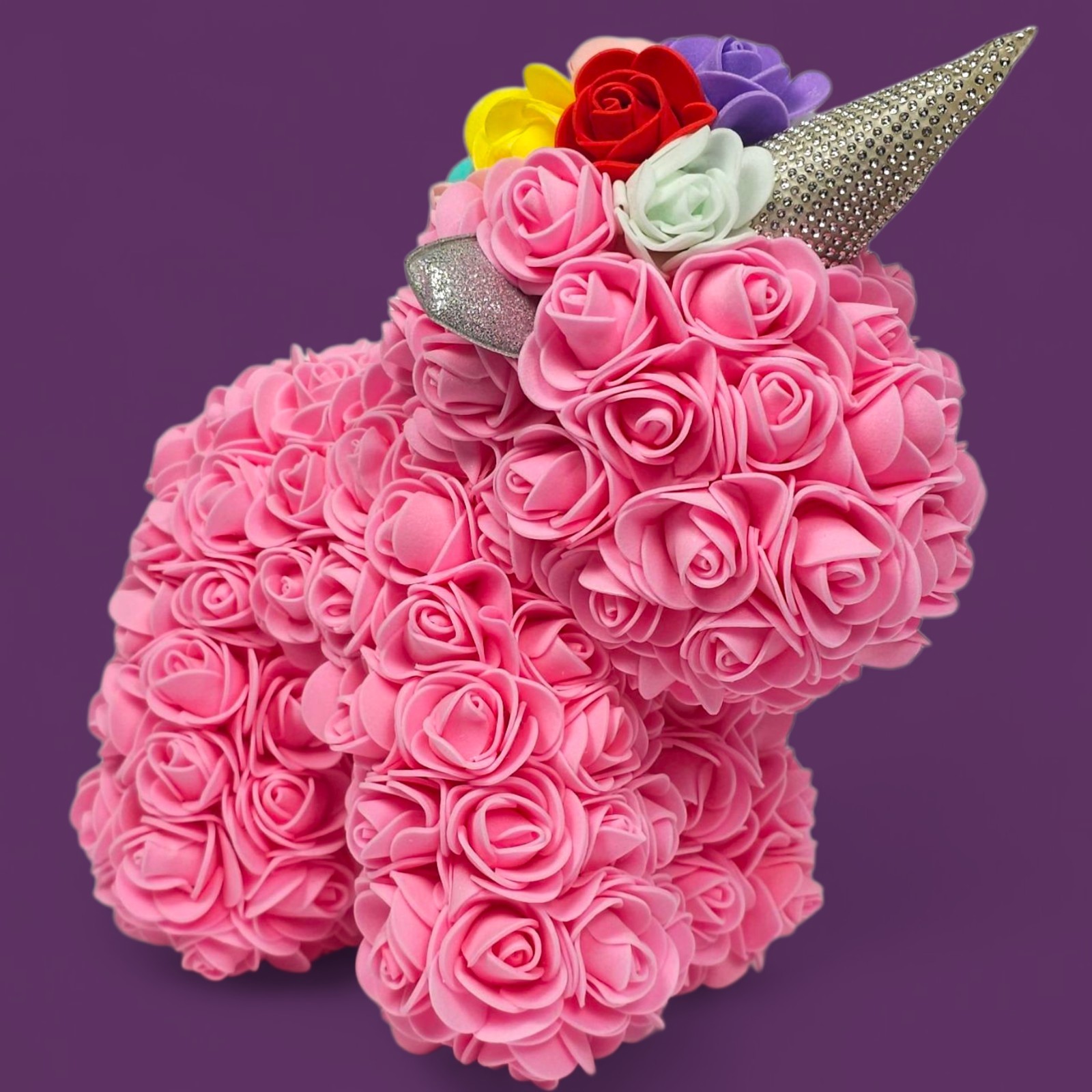Rose Unicorn Gift – Pink Foam Flowers, Rainbow Mane, “Just For You” Box Damaged