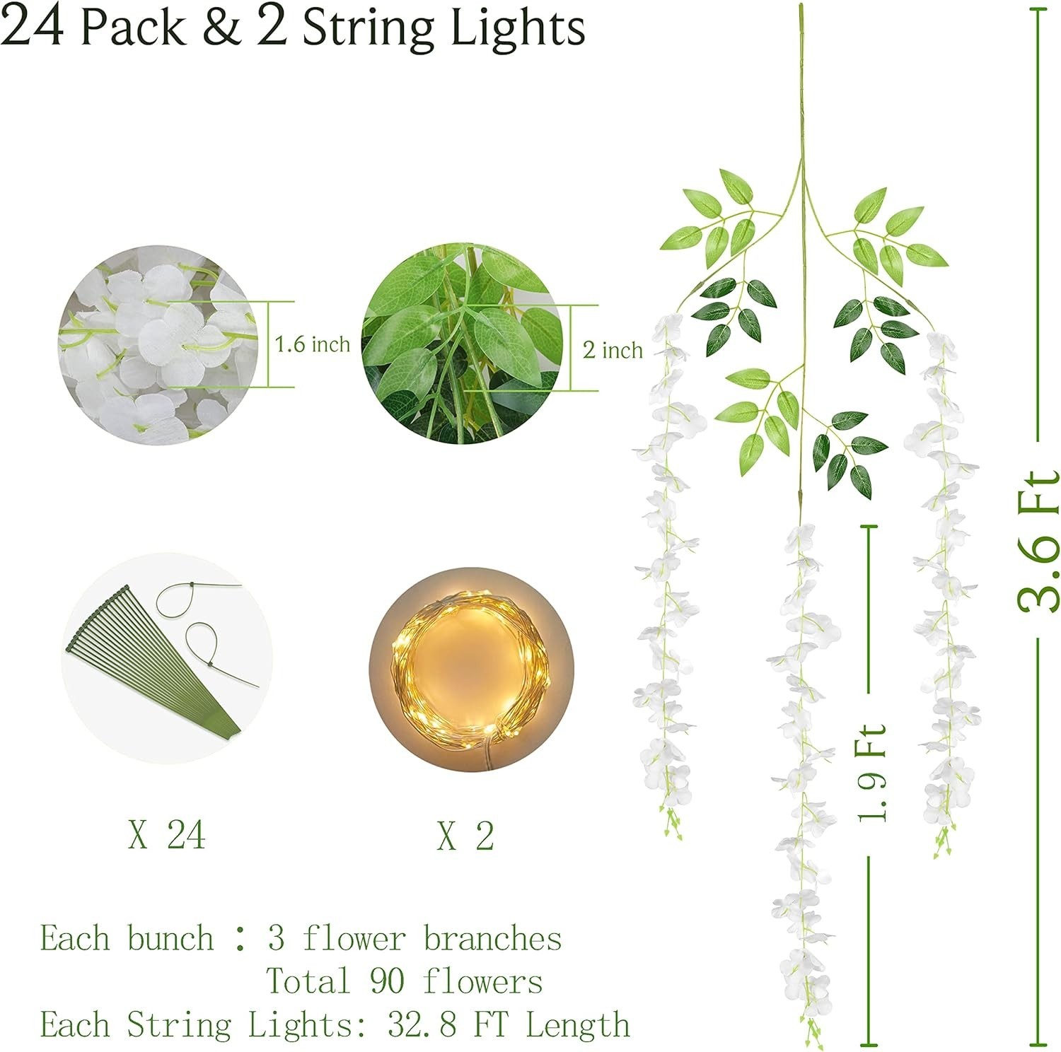 24Pcs White Fake Wisteria Hanging Flowers with Lights, 3.6Ft/Pcs Artificial Wist