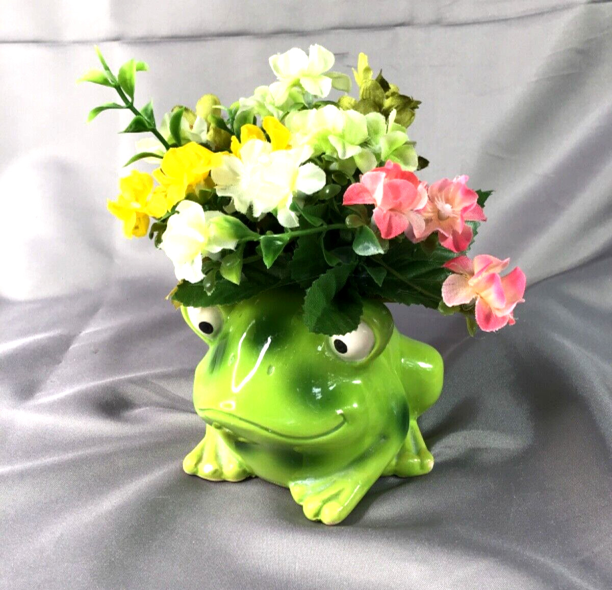 Precious Small Green Ceramic Frog Loaded with Pink Yellow & White Flowers
