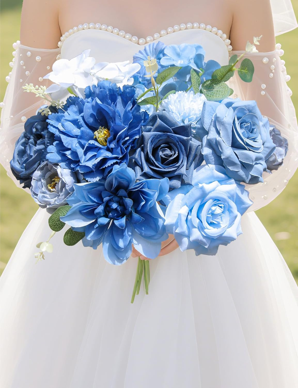 Blue Artificial Flowers Bulk Set Silk Peony Rose Bouquet DIY Wedding Decor