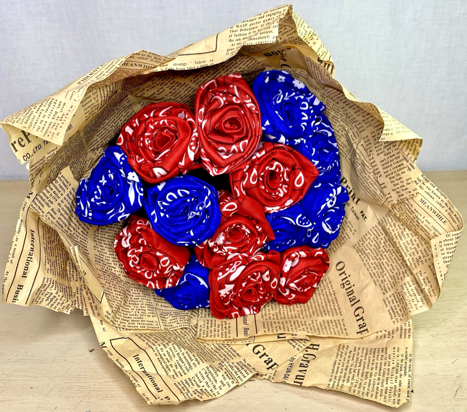 Handmade Rose Bouquet Bandana Wrap Blue Red Roses Vintage Newspaper Replica