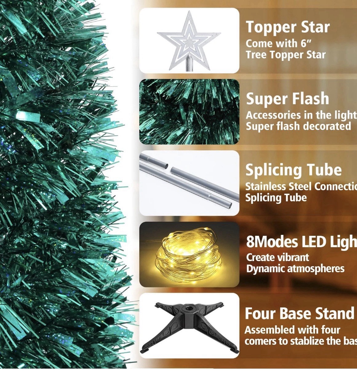 5 FT Pop Up Christmas Tree with Timer Lights and Decorations, Green Tinsel New