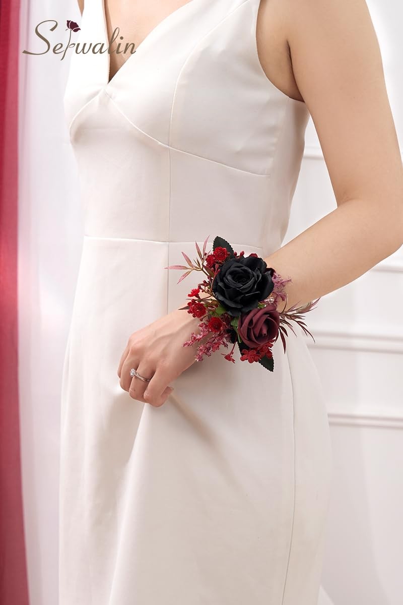 Set of 2 Black Burgundy Wrist Corsage for Wedding 6-7″ Bridesmaid Flowers