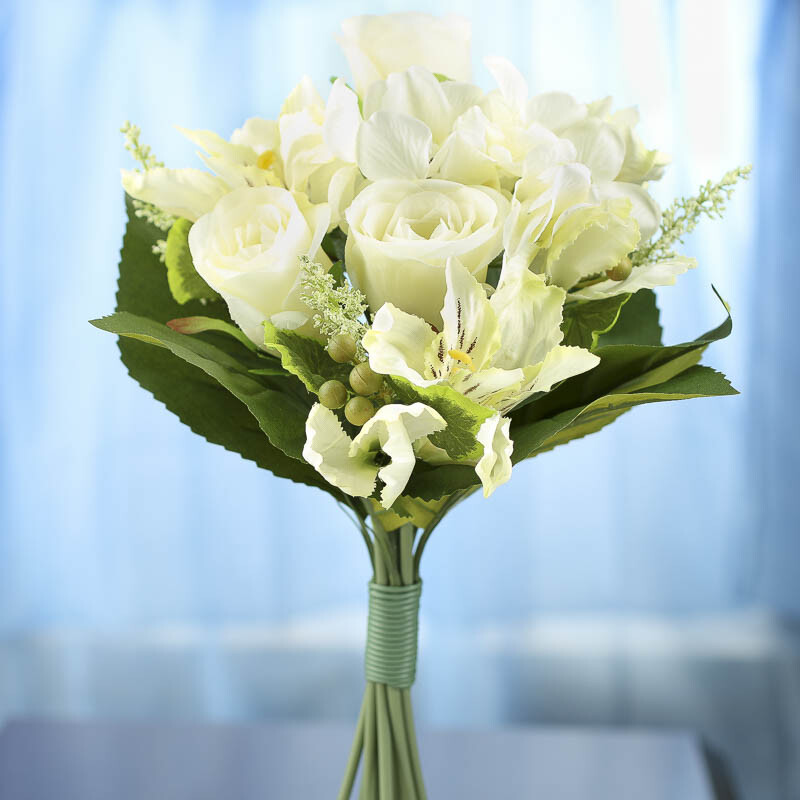 Elegant Cream Artificial Rose, Hydrangea and Alstromeria FLoral Bouquet Per