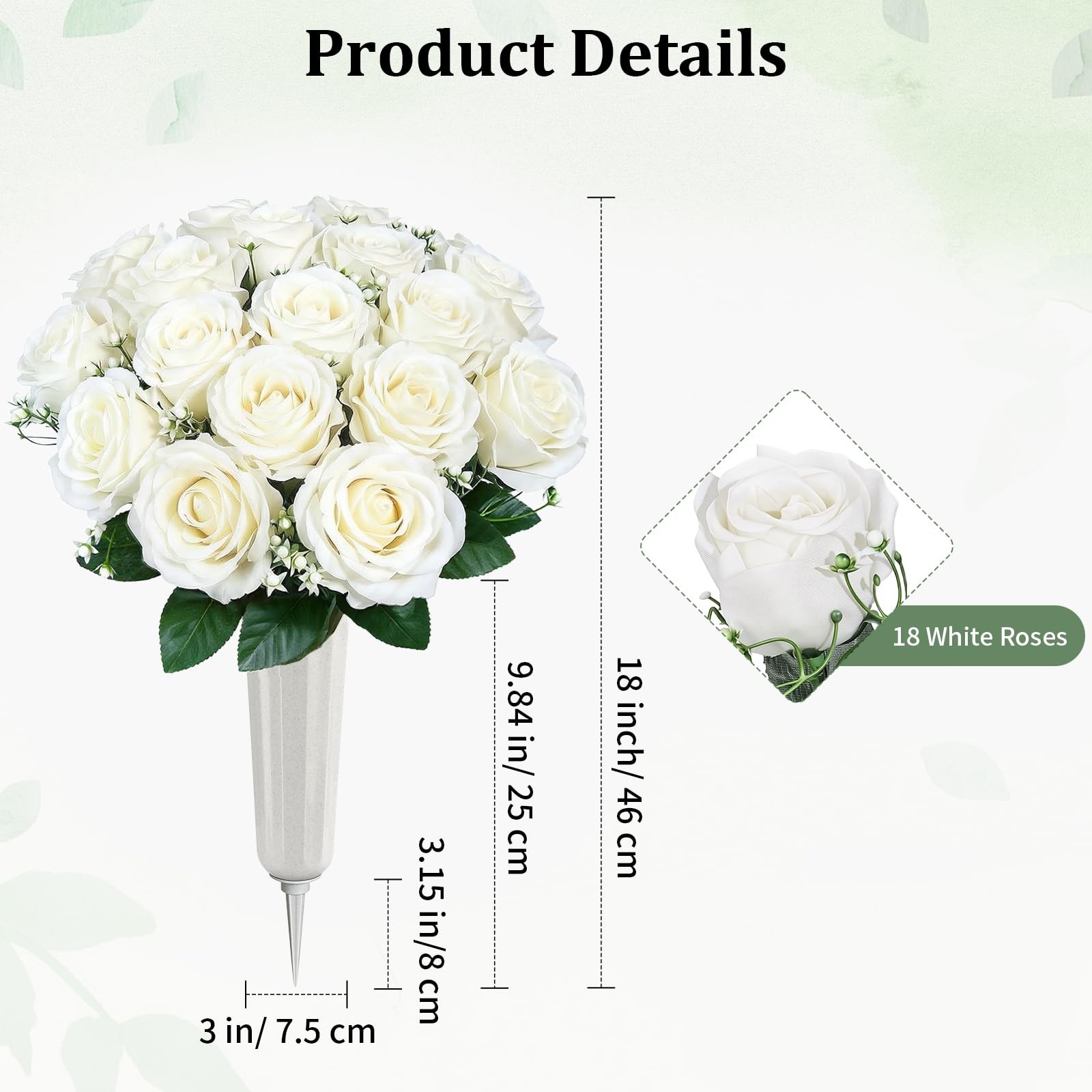 Artificial Cemetery Flowers 2 Sets UV Resistant White Silk Roses Outdoor