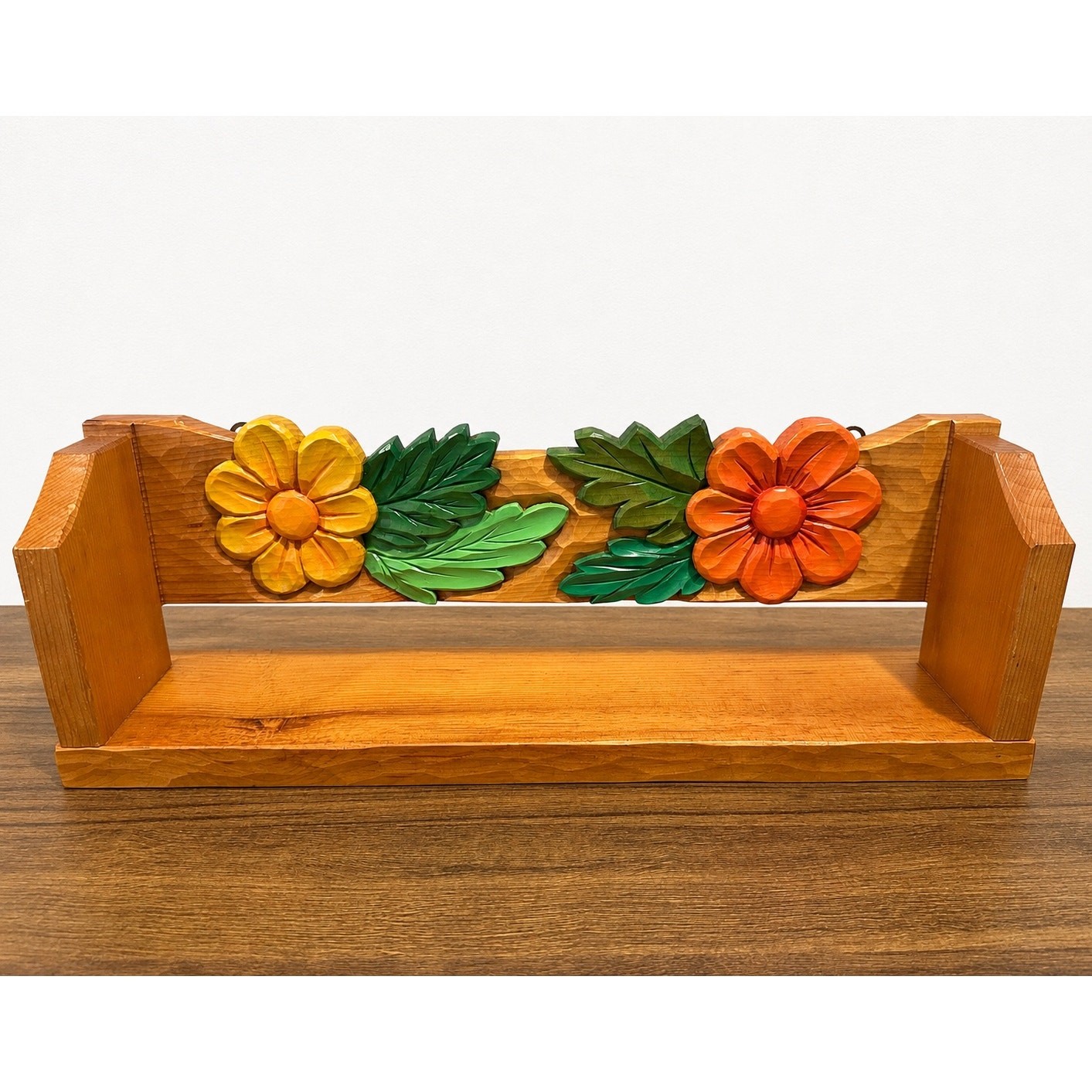 VTG Brazilian Hand Carved Floral Wood Wall Shelf Folk Art Hand Painted 19.25″