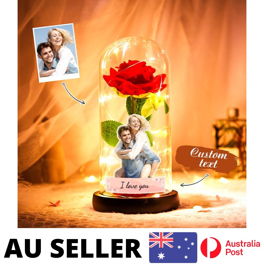 Custom Photo Text Eternal Rose Flower Glass Cover LED Night Light – AU Stock
