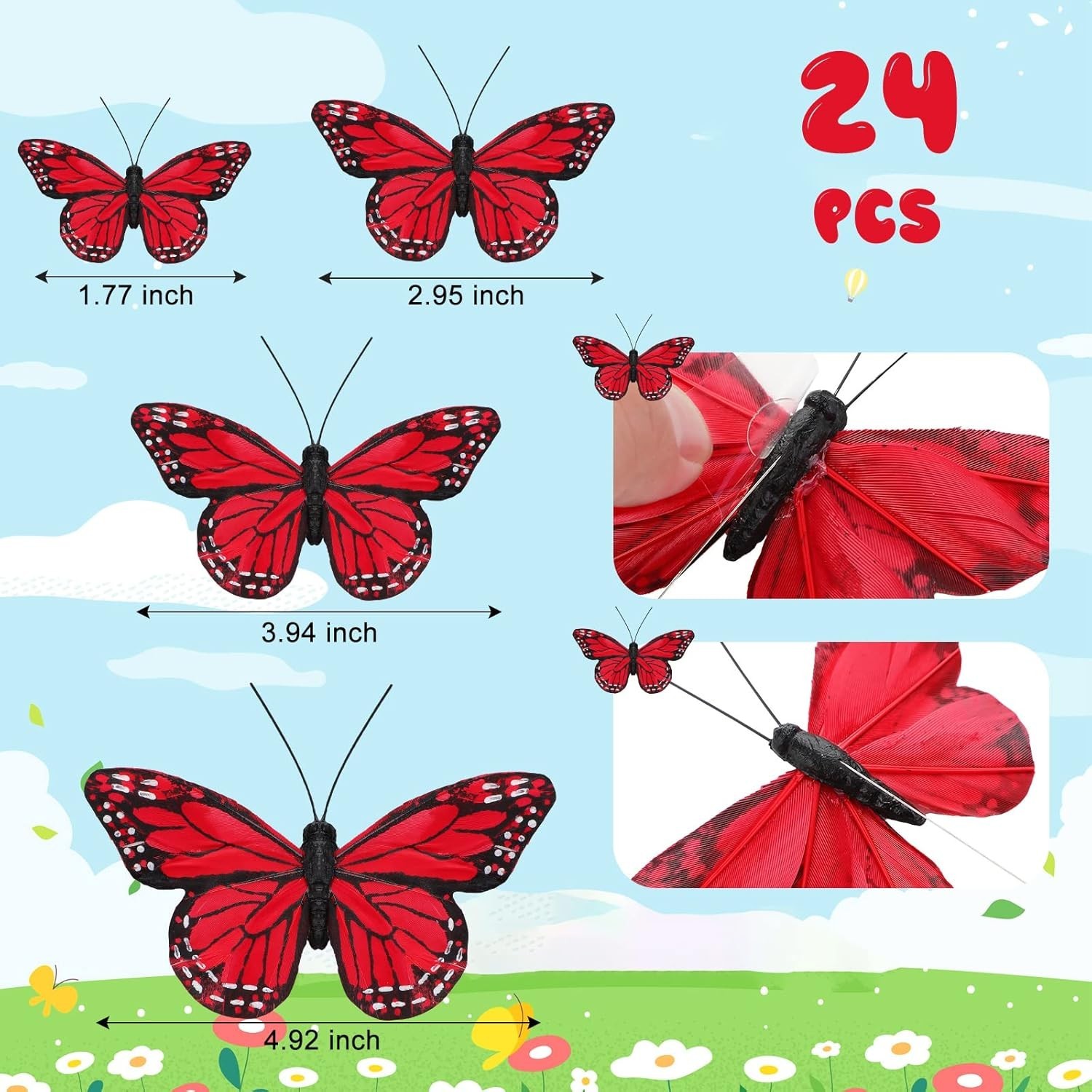 24 Pcs Monarch Butterfly Decorations 4 Size Artificial Monarch Feather Fake B…