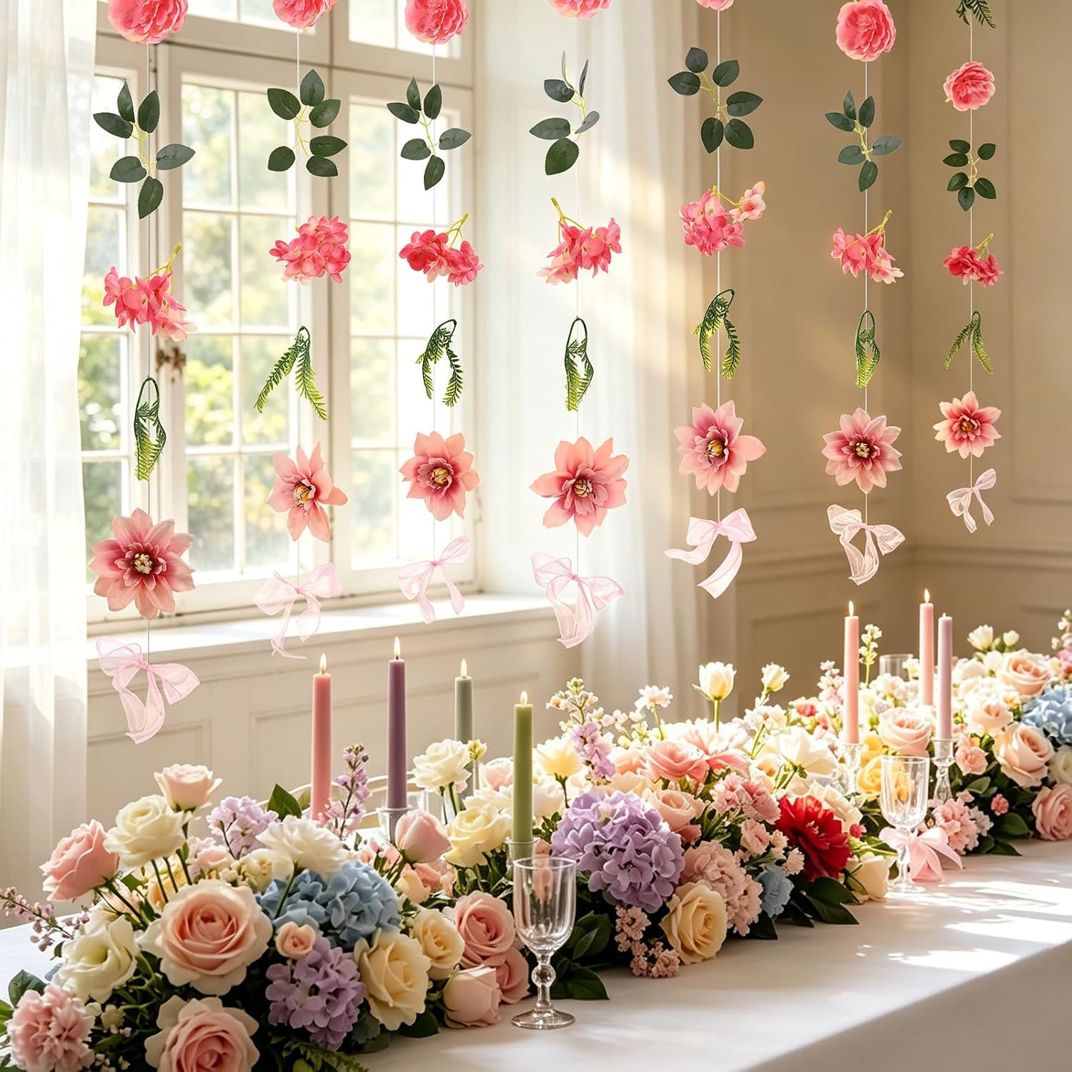 12Pcs 72Ft Wildflower Garland with Bow Hanging Flower Wall Backdrop | Silk Artif