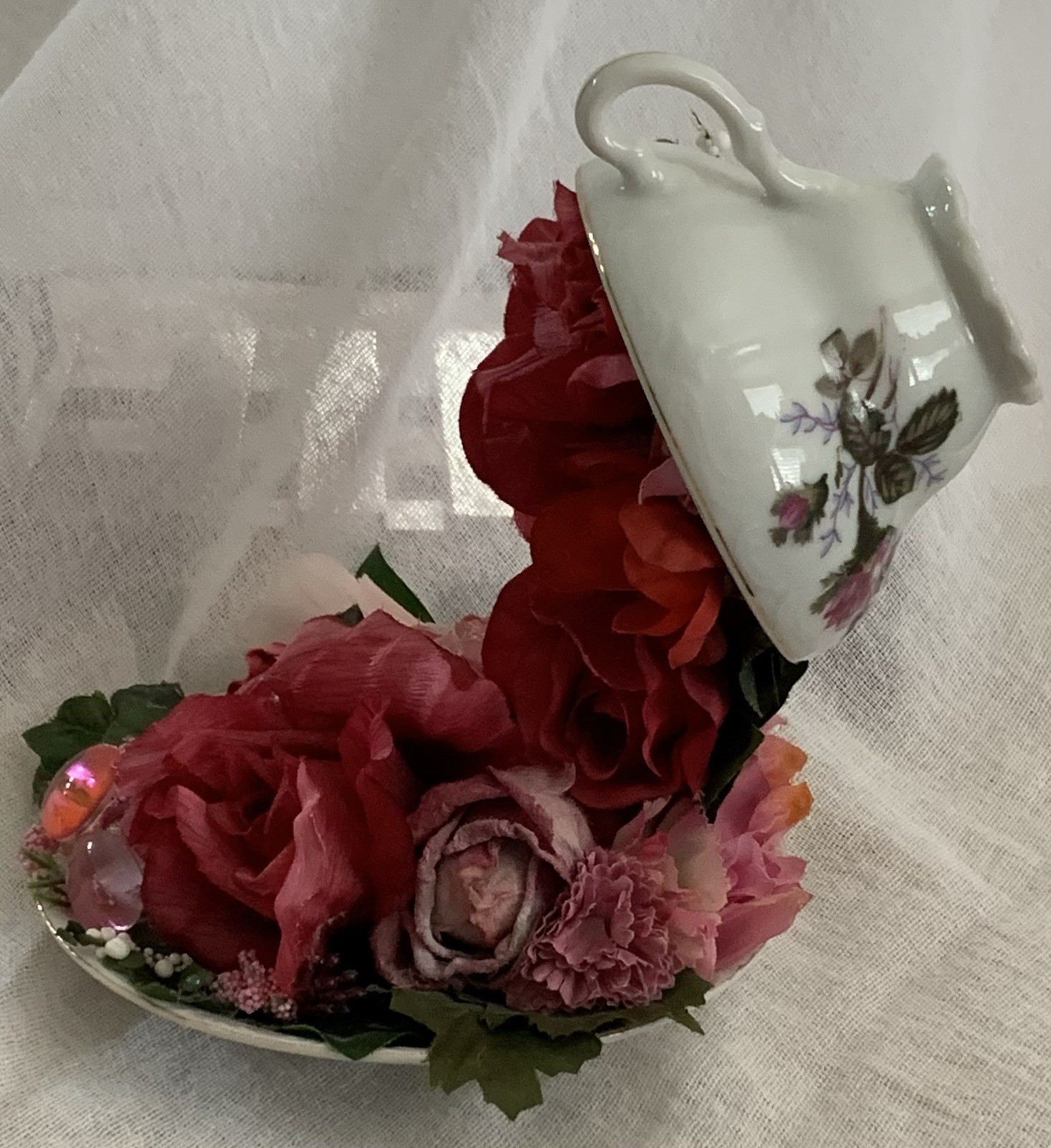 Mystical FLOATING PORCELAIN TEACUP/ARTIST MADE OOAK/Red & Pink FLORAL CASCADES/