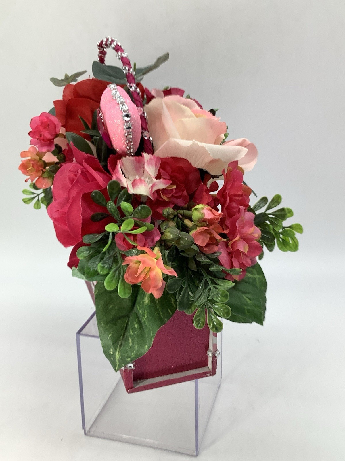 Handmade Valentines Day Pink Red Heart Purse Floral Arrangement Centerpiece