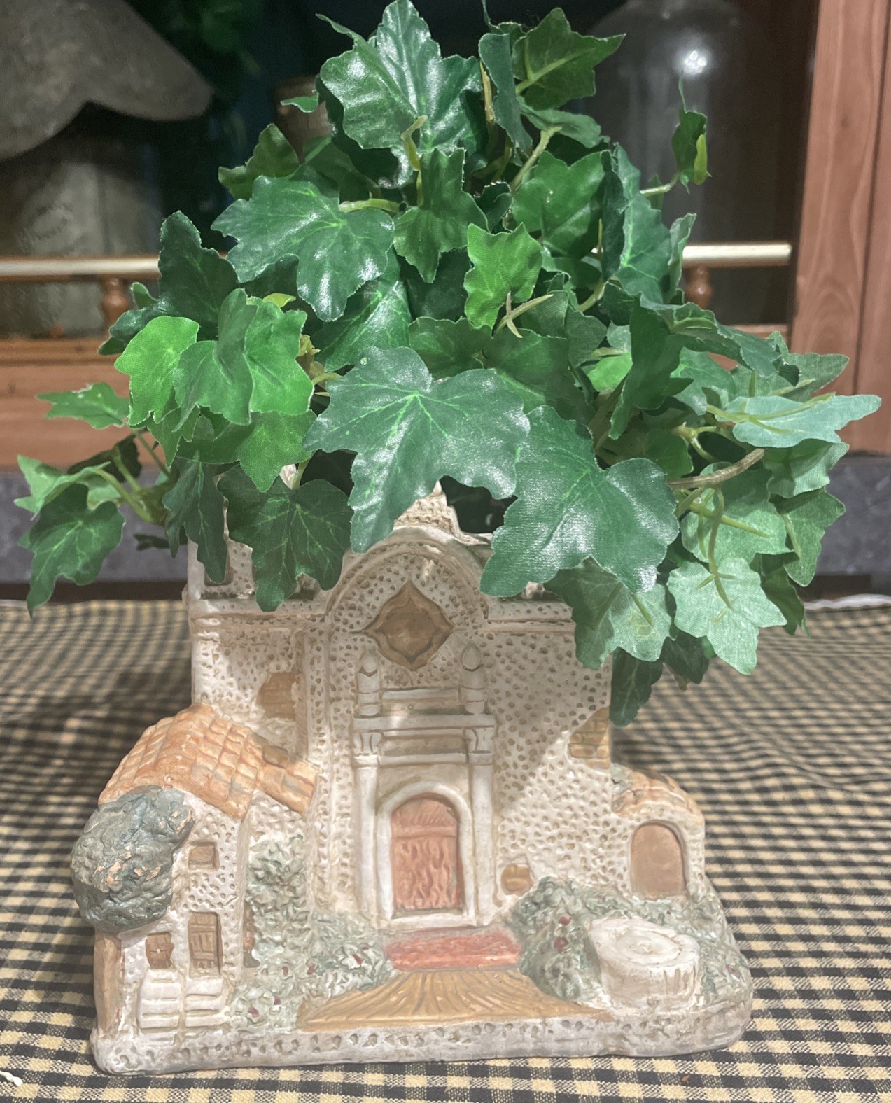 Unique Hand painted Terracotta House With Fake Plant On Top
