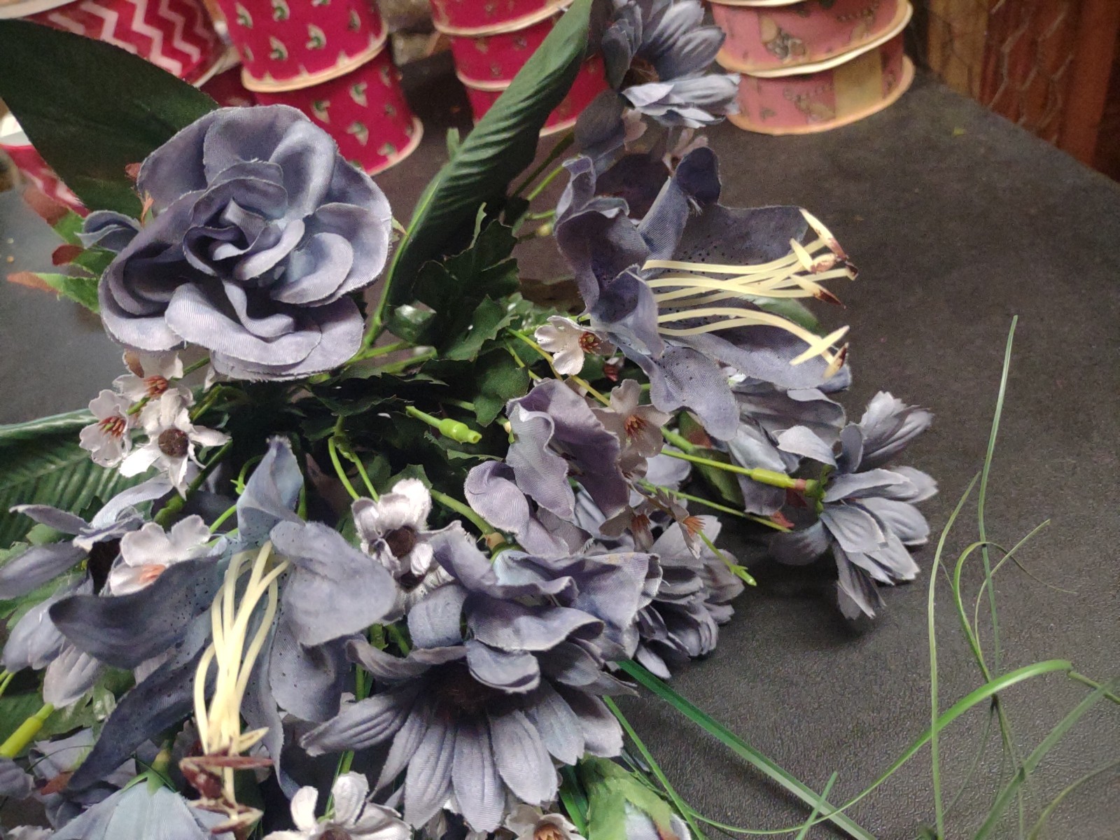 16″ Silk Floral Arrangement Bush, 14 Stems, Rose/Daisy/Tiger Lily, Country Blue