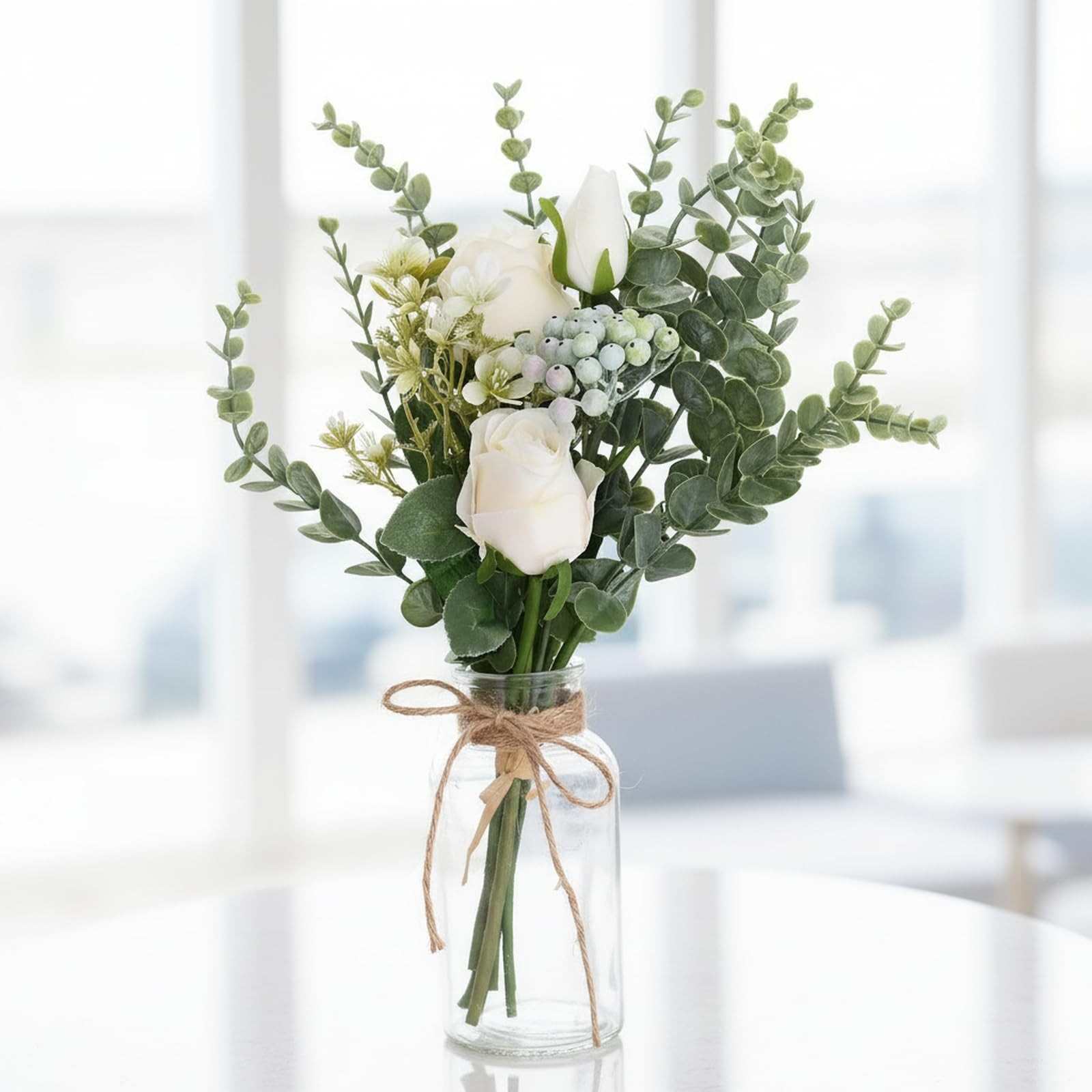 Artificial White Rose Flowers with Glass Vase, Faux Eucalyptus Stems and Bouq…