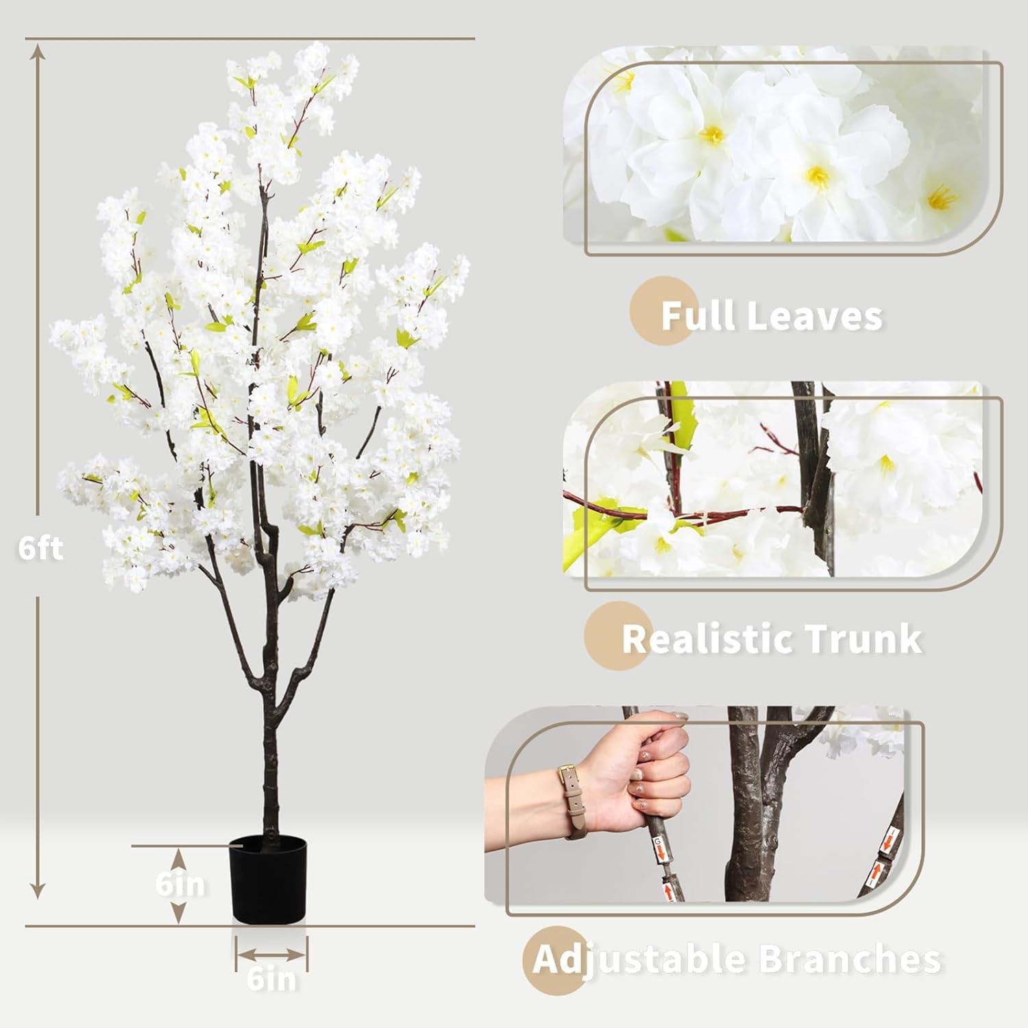 Faux White Cherry Blossom 6ft(72in Artificial Floor Green Plant Indoor Decor