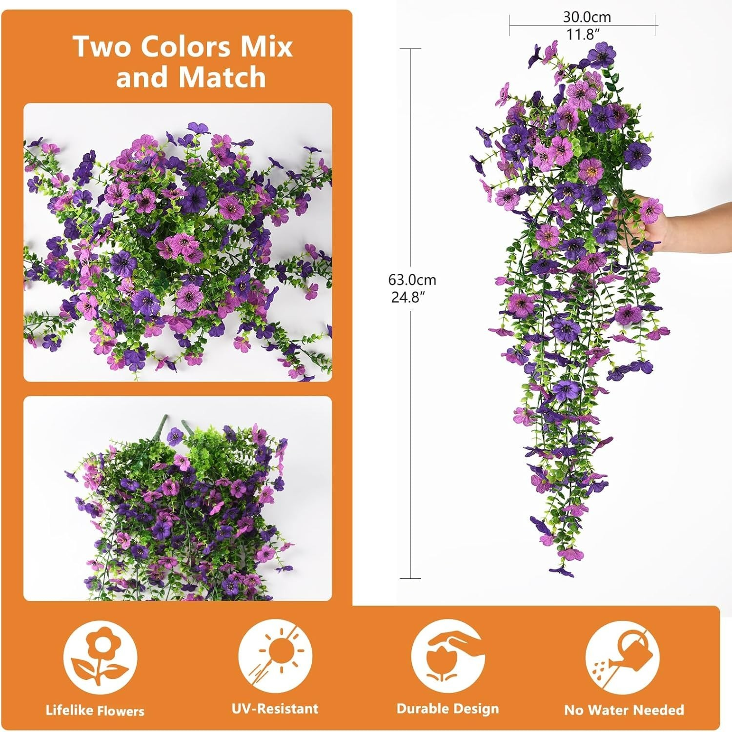 Versatile Faux Hanging Plants for Indoor/Outdoor Use – Set of 2, Double Purple