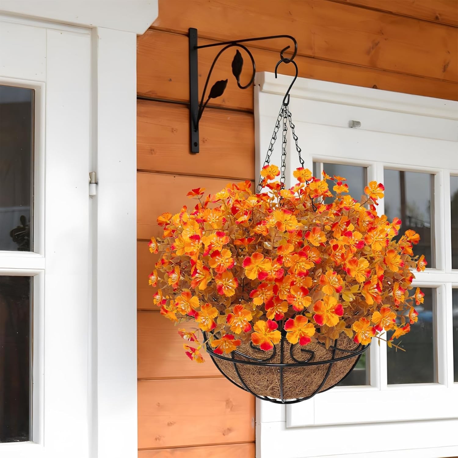 Artificial Fall Flowers with Hanging Basket, Fake Mums Daisy Plants with Eucalyp