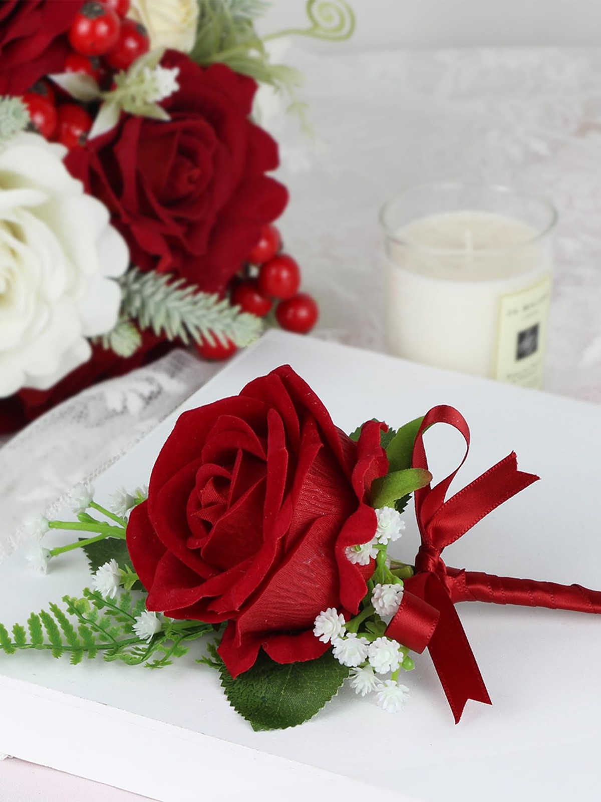 Red Rose Boutonnieres For Men Groom Wedding Prom Homecoming Flowers 2 PCS