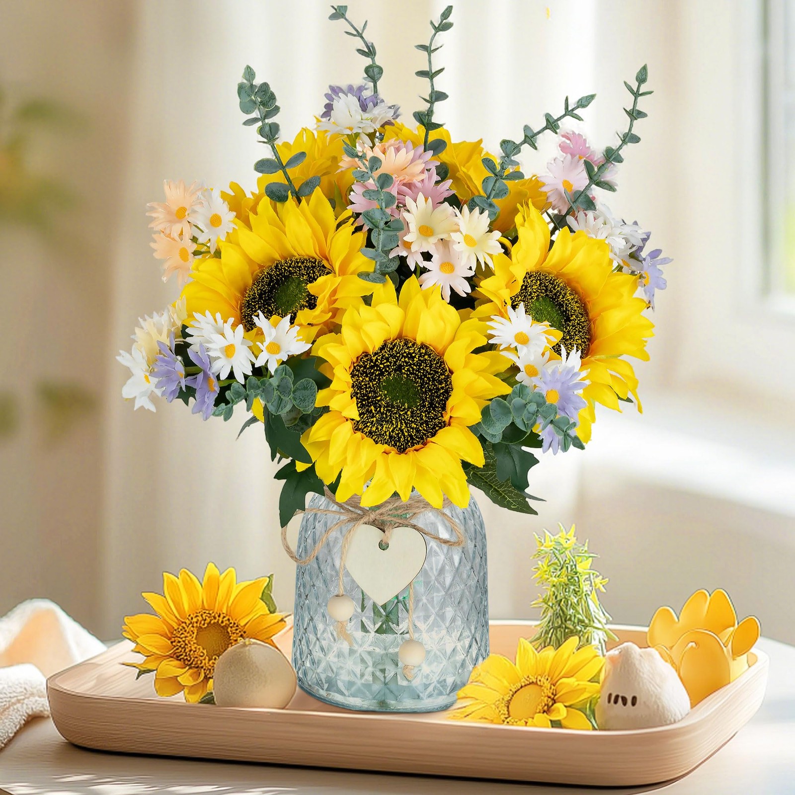 Sunflower Fake Flowers in Vase: Sunflowers Artificial Flowers with Vase for T…