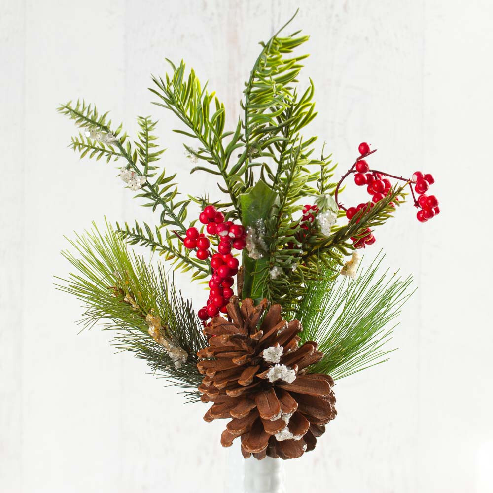 Lot of 2 Artificial Snowy Pine 16″ Spray with Berries and Pinecone