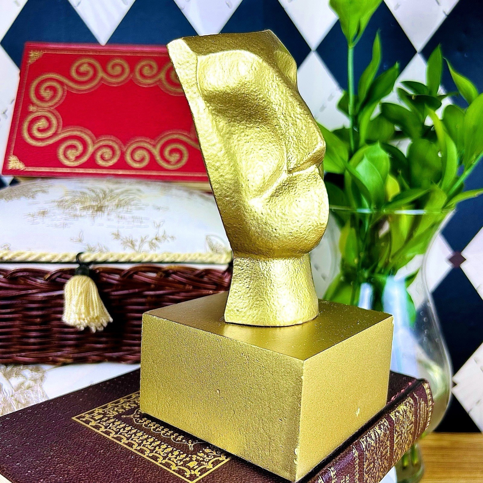 Golden Abstract Face Sculpture Modernist Hollywood Regency Décor