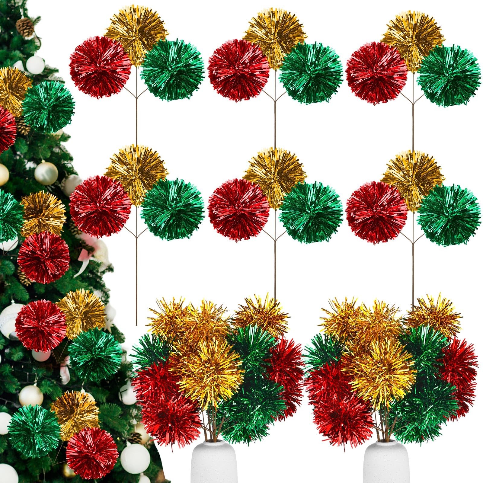6 Pack 12 Inch Sparkly Christmas Picks and Sprays Christmas Tinsel Tree Picks…