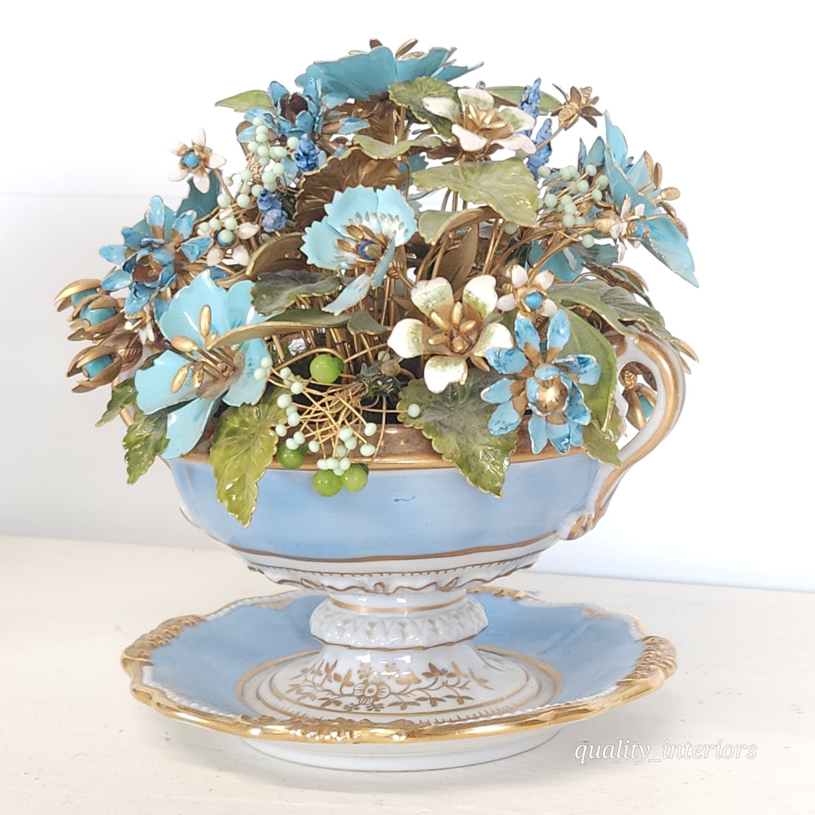Pair Jane Hutcheson for Gorham Blue 2 Handled Teacup & Saucer Floral Arrangement