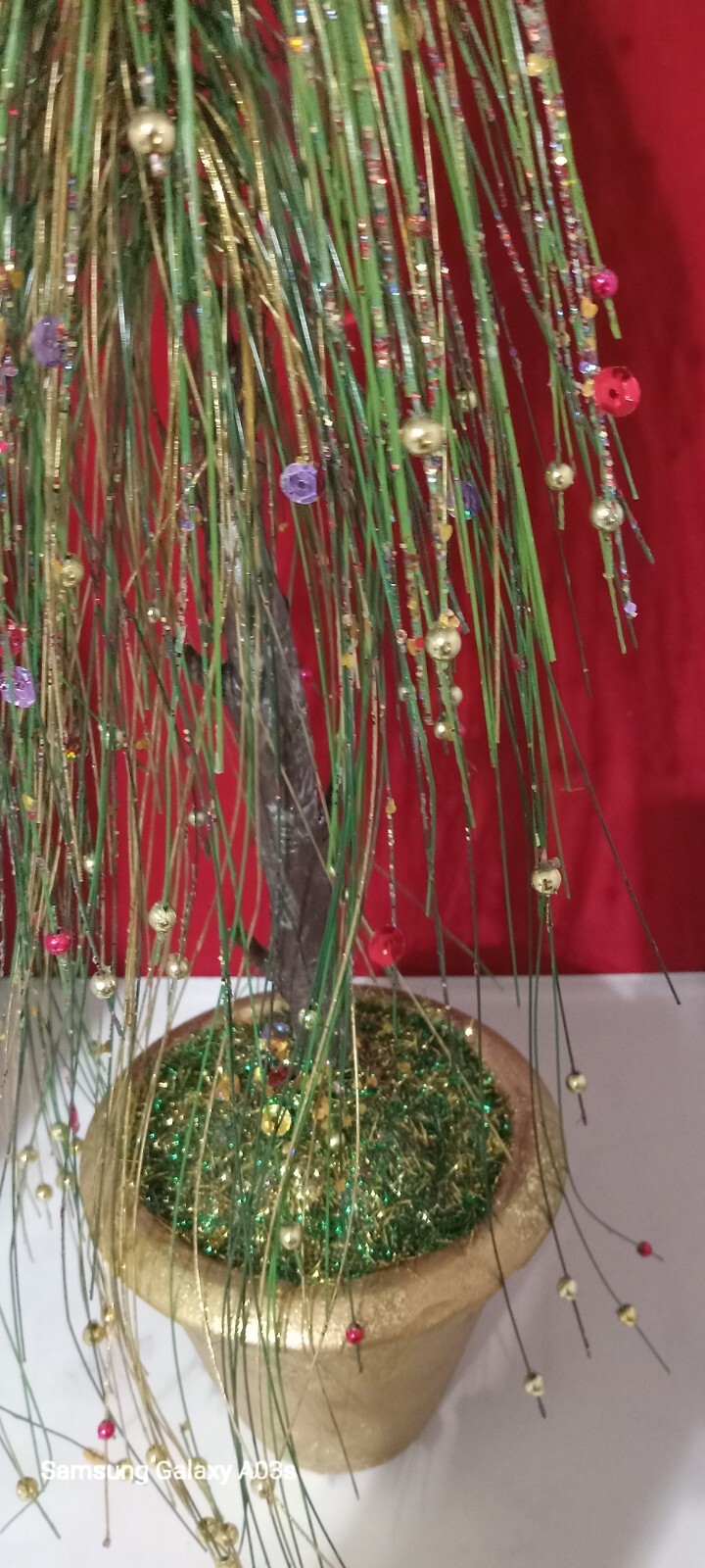 Faux Long Needle Pine In Gold Pot 19″ Tall Wth Sparkles