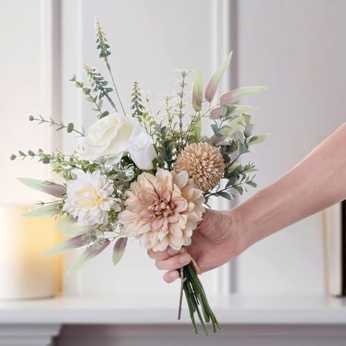 Artificial Floral Arrangements in Vase – 15.7” Silk Roses & Faux Dahlia Centerp