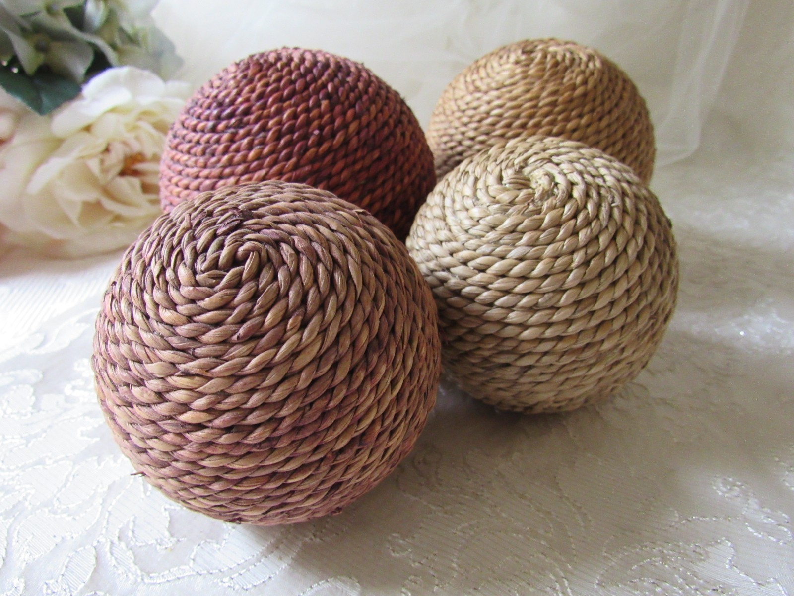 Jute Decor,set of 4,Mix Matched Floral Decor,4″ & 3″,Boho,tuscan,moroccan,sisal