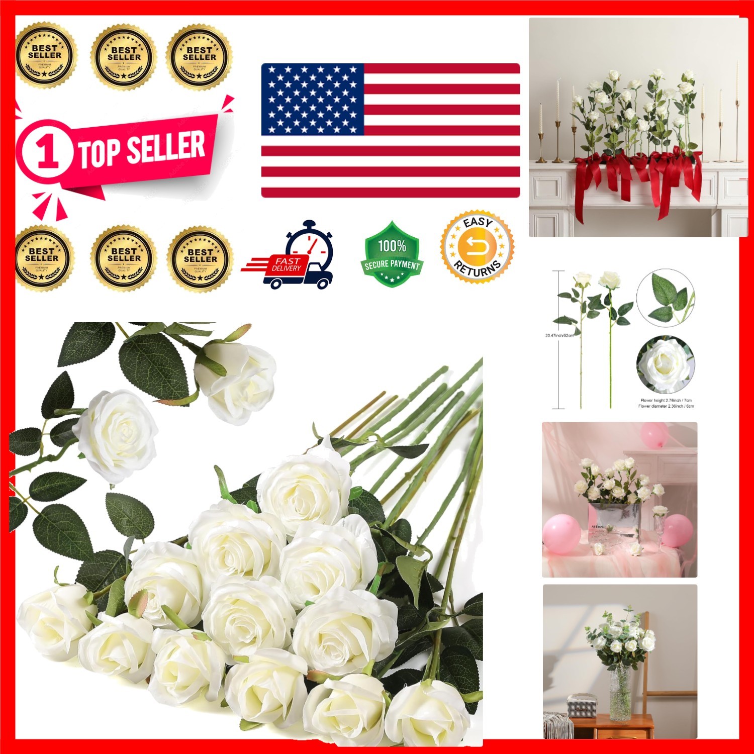 12PCS White Silk Roses Bouquet with Buds – Realistic Decor for Home & Weddings