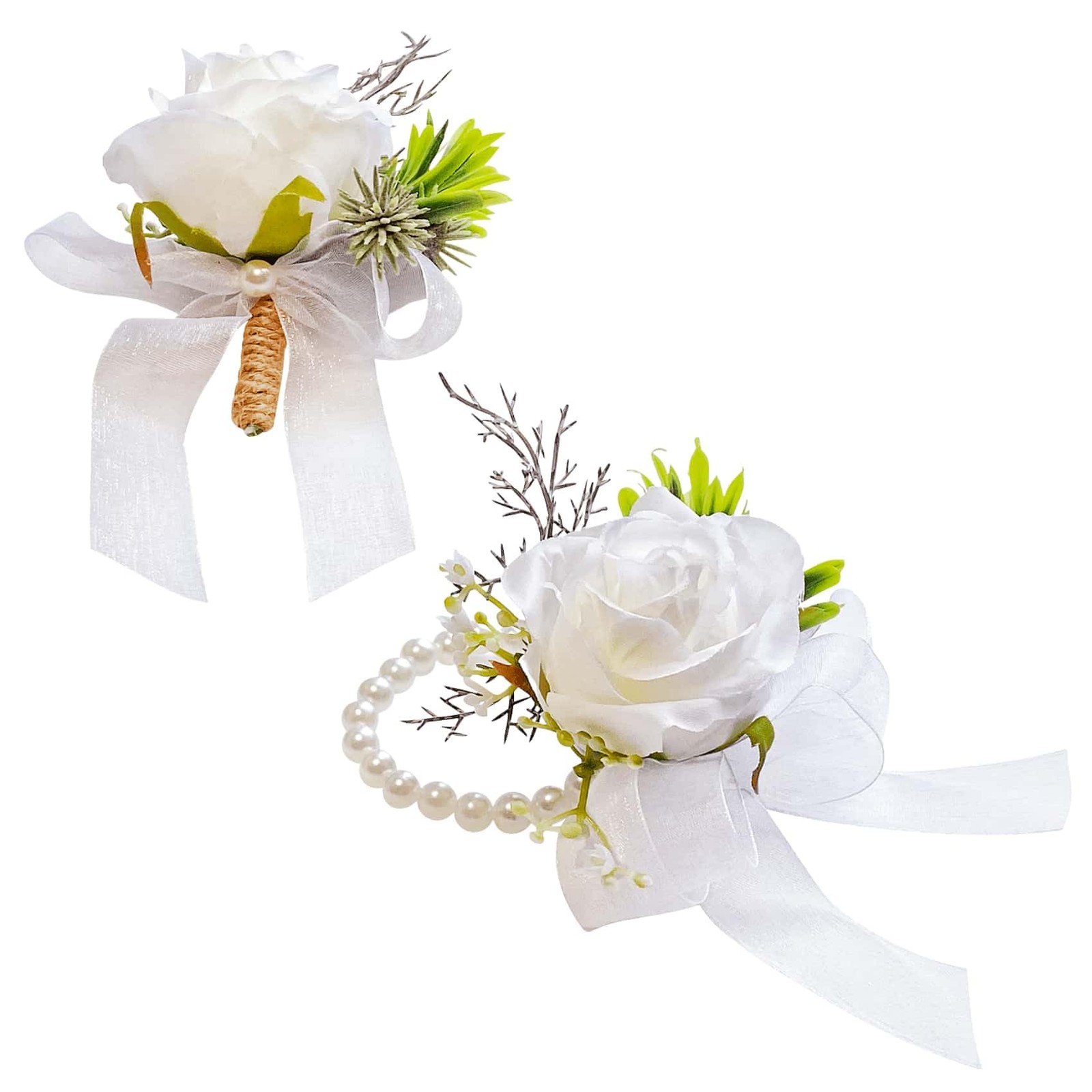 White Rose Corsage Boutonniere Set Groom Groomsmen Wedding Flower Decor