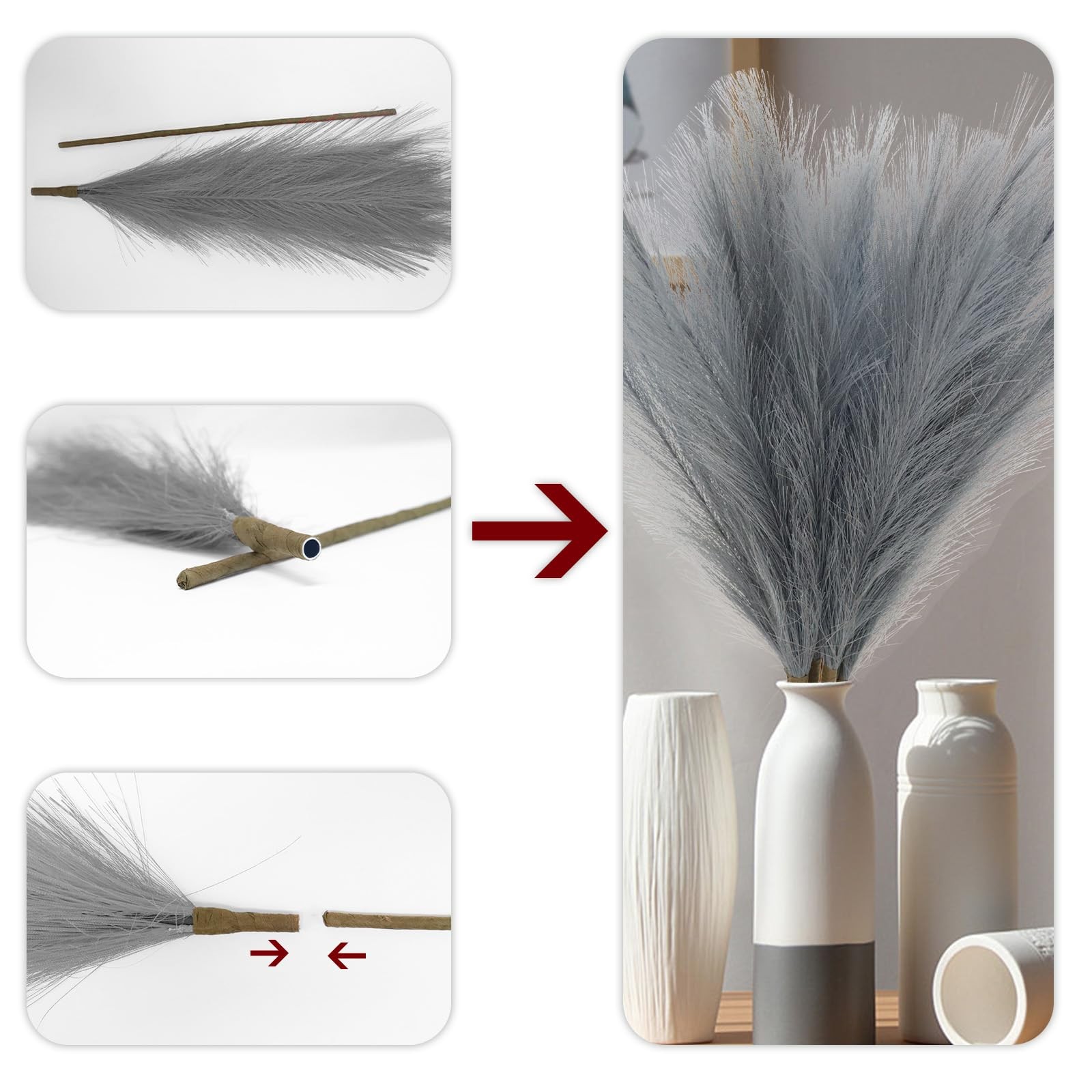 5pcs 30″ Gray Pampas Grass Fluffy Dried Floral Decor for Home Vases