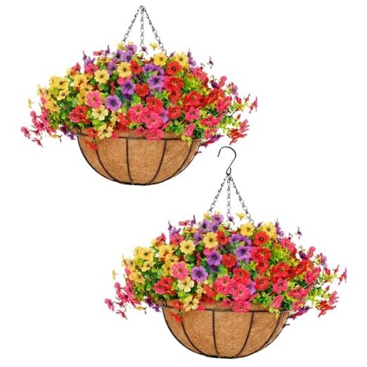 2 Pack 14 Inch Large Hanging Plant Baskets with Artificial 14 inch Multi Color