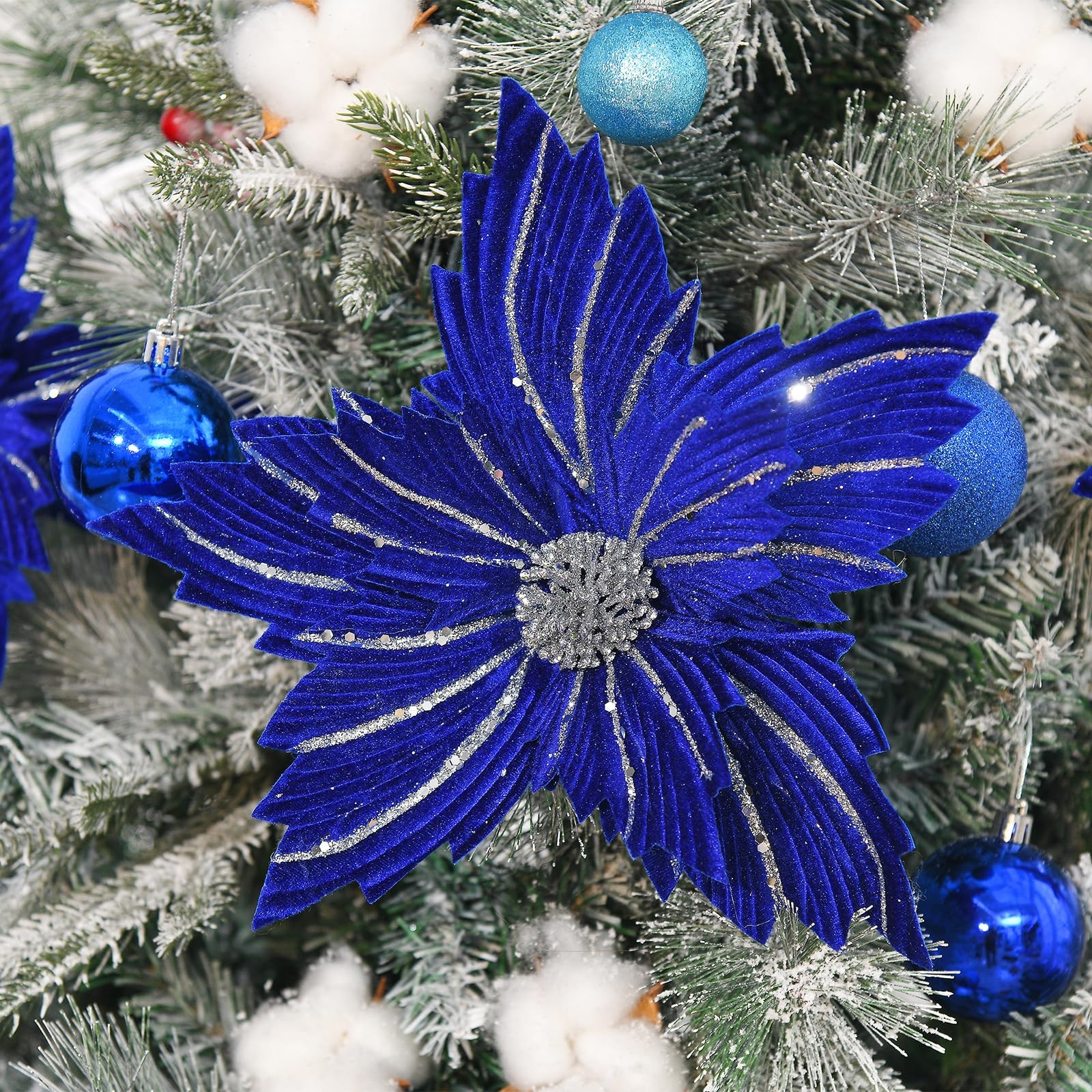 6 Pcs 12″ Large Glitter Poinsettia Artificial Christmas Flowers with Stems Xmas