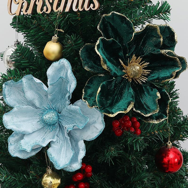 6PCS Christmas Flower Tree Ornament Glitter Artificial Magnolia Flowers Velve…