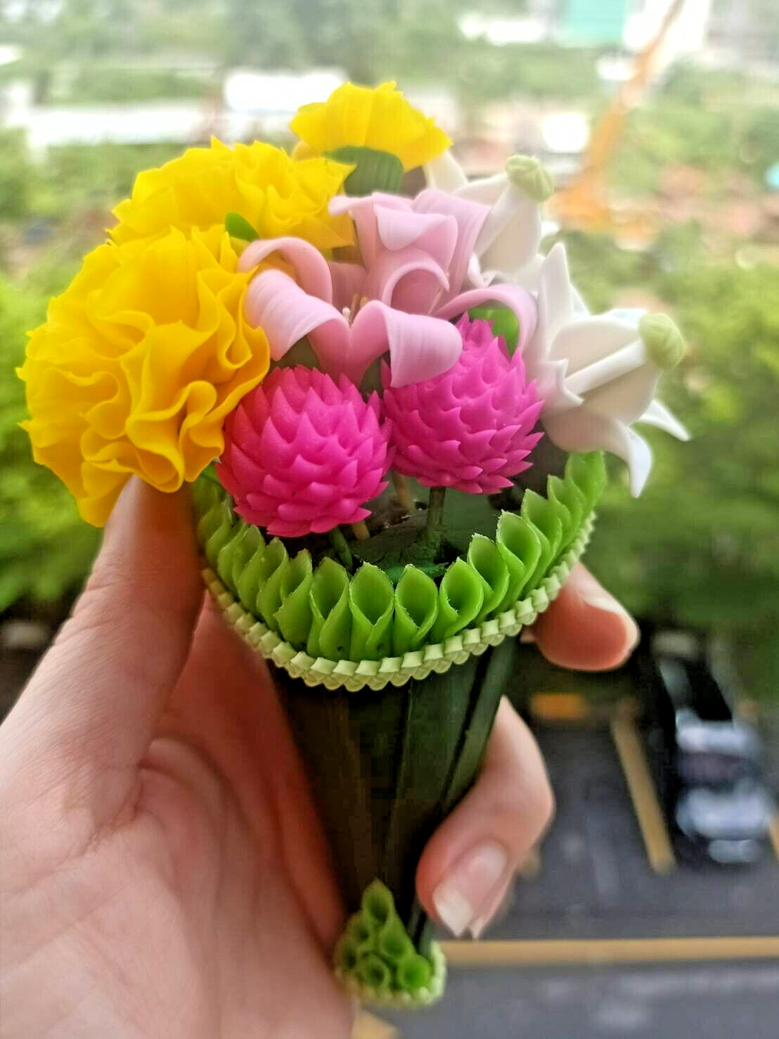 Handmade Artificial Banana Leaf Clay Floral Dollhouse Bouquet Flower Arrangement