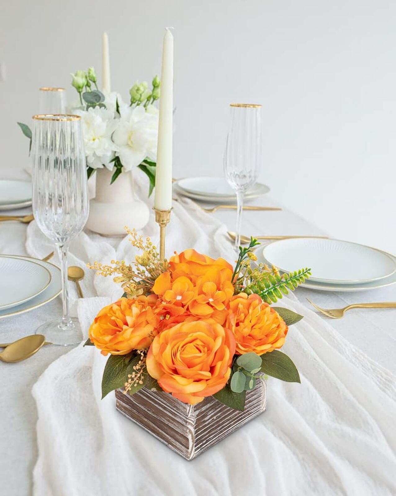 Artificial Flower Arrangement, 8” Orange Roses Peonies Hydrangeas in Wooden