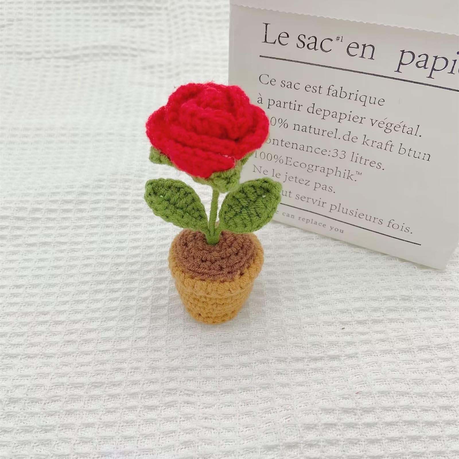 3 PCS Mini Crochet Red Rose Potted Plant Hand Knitted Rustic Table Decor Home