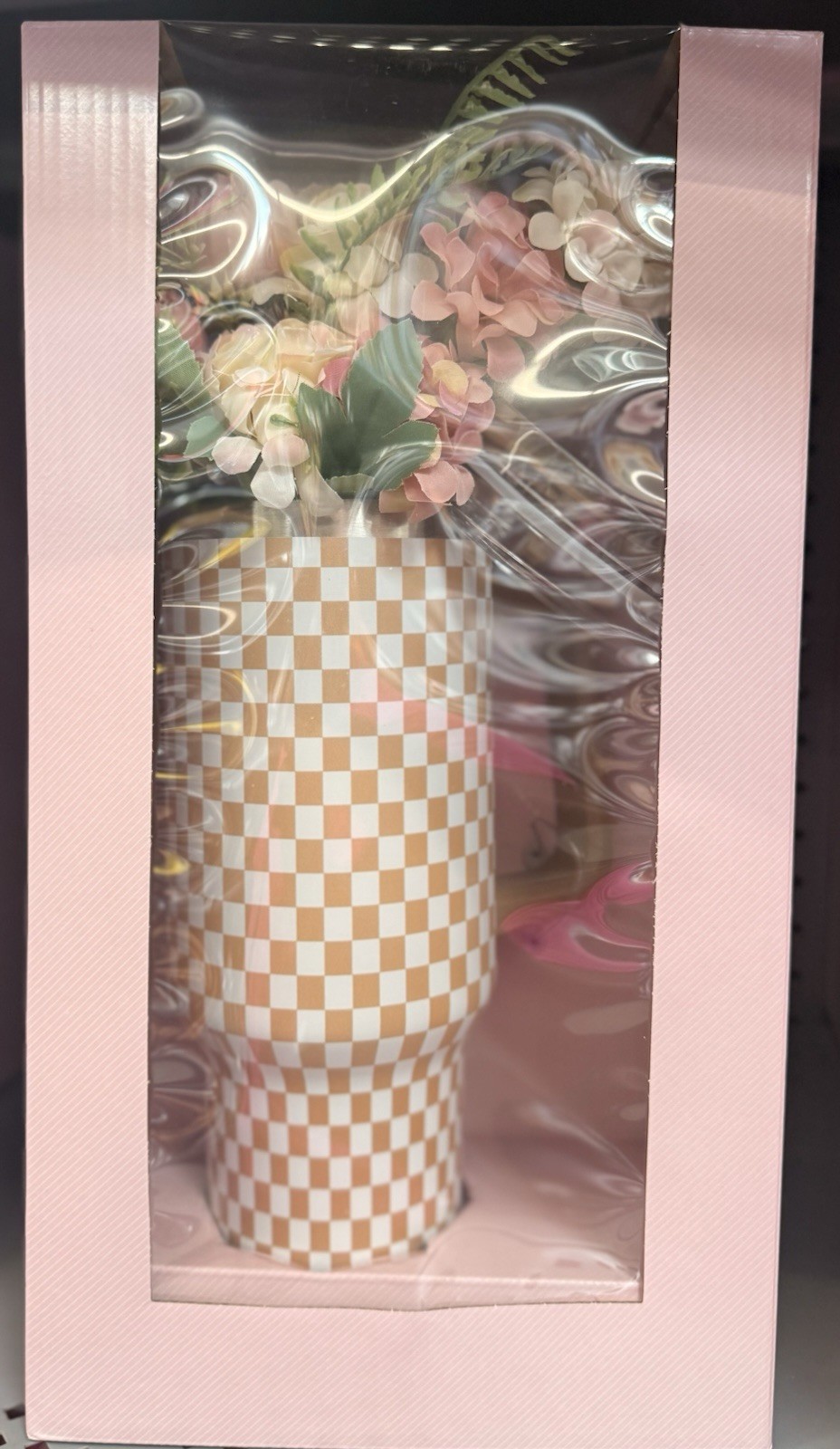 Artificial Pink White Green Flower Arrangement in Checkered Vase Centerpiece