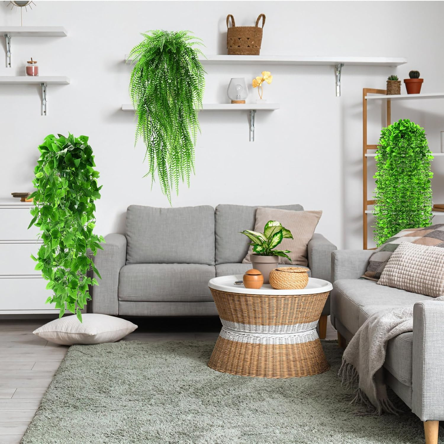 24 Pcs Fake Hanging Plants – Ferns, Ivy, Eucalyptus for Indoor/Outdoor Decor