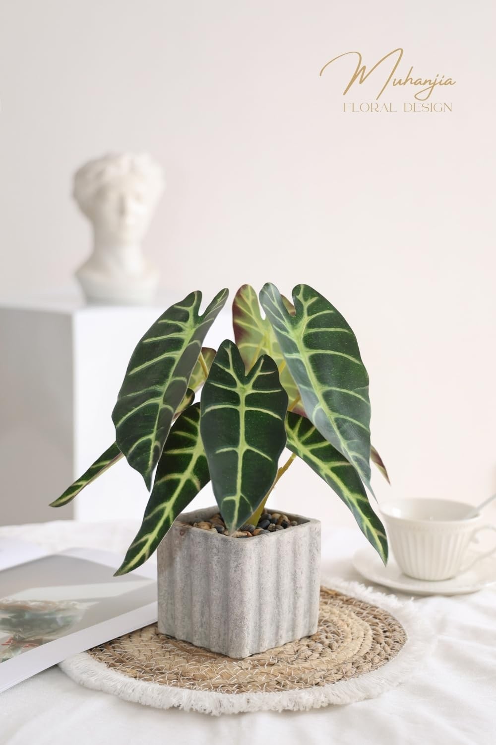 Faux Alocasia Potted Plant Lifelike Greenery Cement Look Square Pot Decor