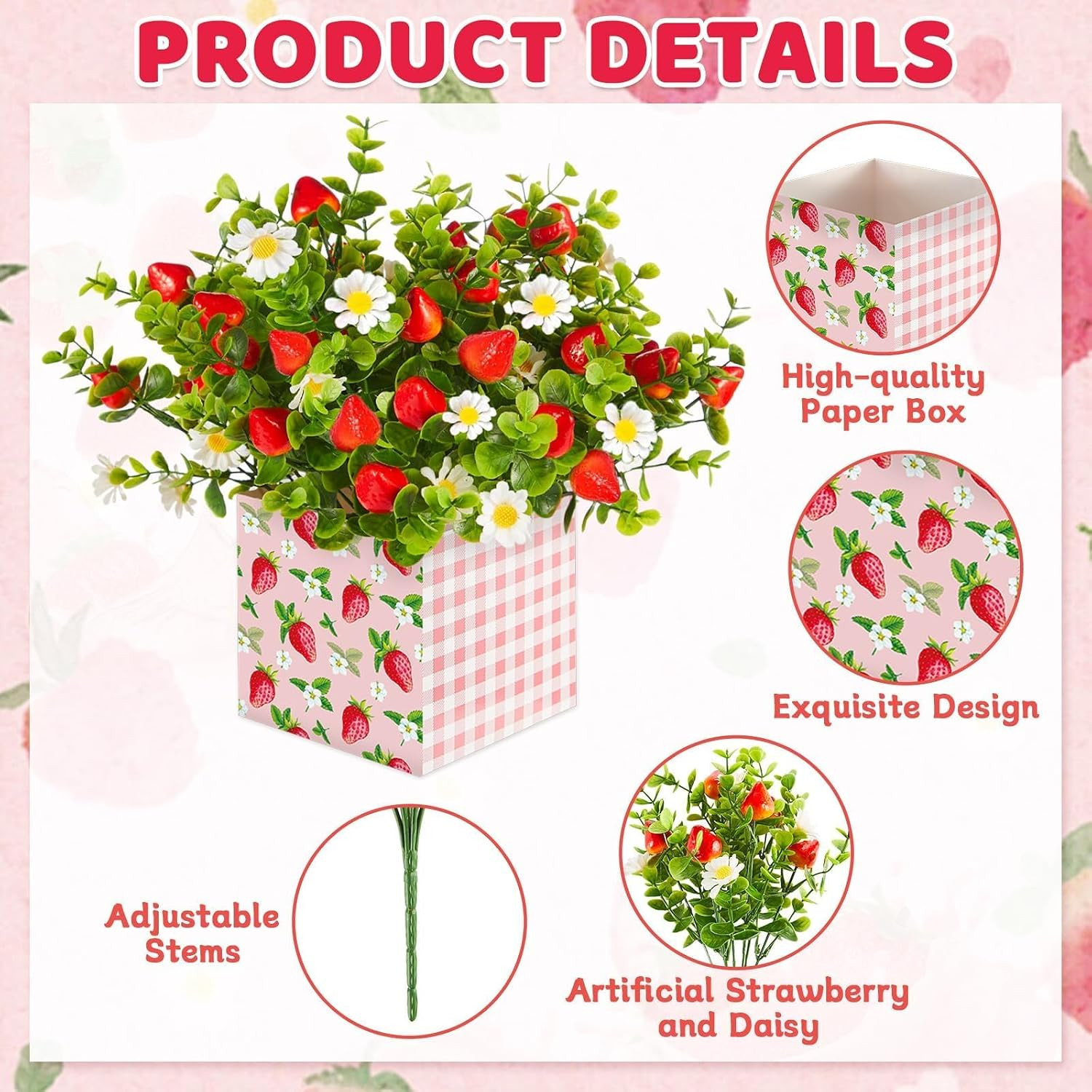 Summer Strawberry Centerpiece Decor – 4 Sets of Artificial Plants & Box