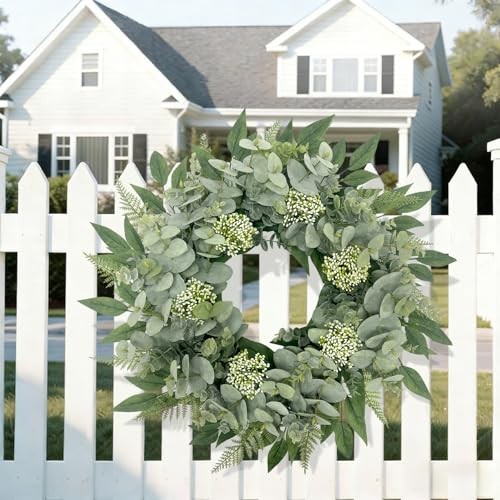 24 Inch Artificial Eucalyptus Fern Wreath, Lush All Year Round Greenery for