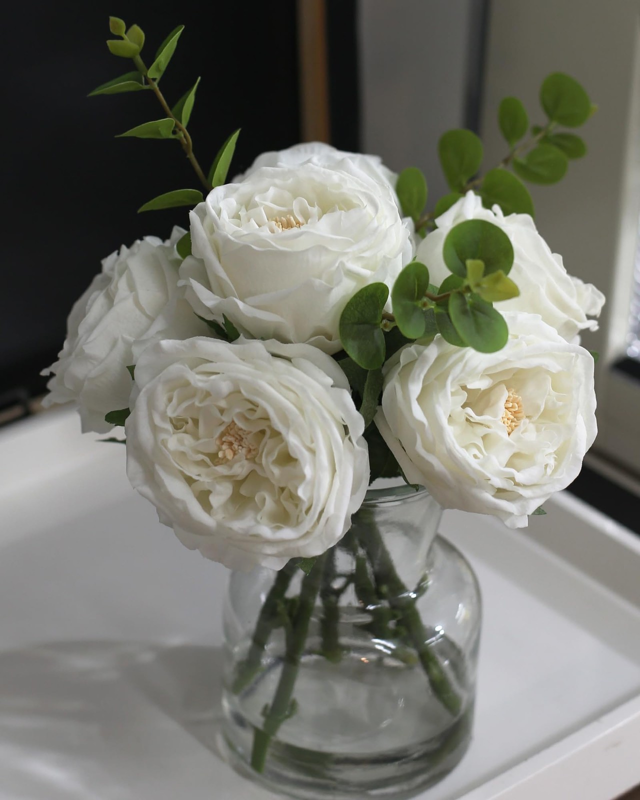 Artificial Flowers with White Roses in Vase, Fix Lifelike Fake Flowers in Vas…