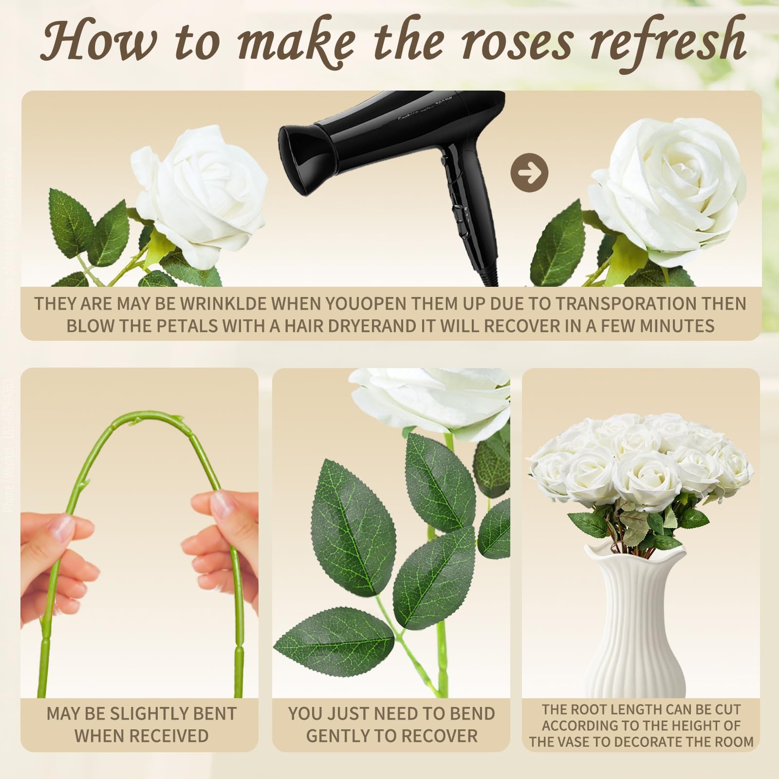 22 Pcs Artificial White Roses with Stems – Velvet Faux Flowers Bulk for Weddi…