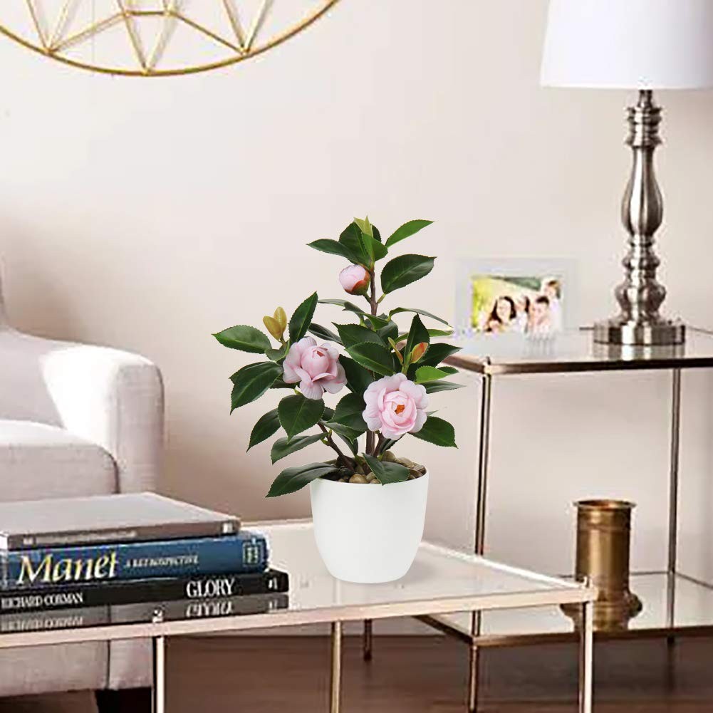 Mini Camellia Potted Artificial Plants Small Faux Plastic Flowers w/ Vase