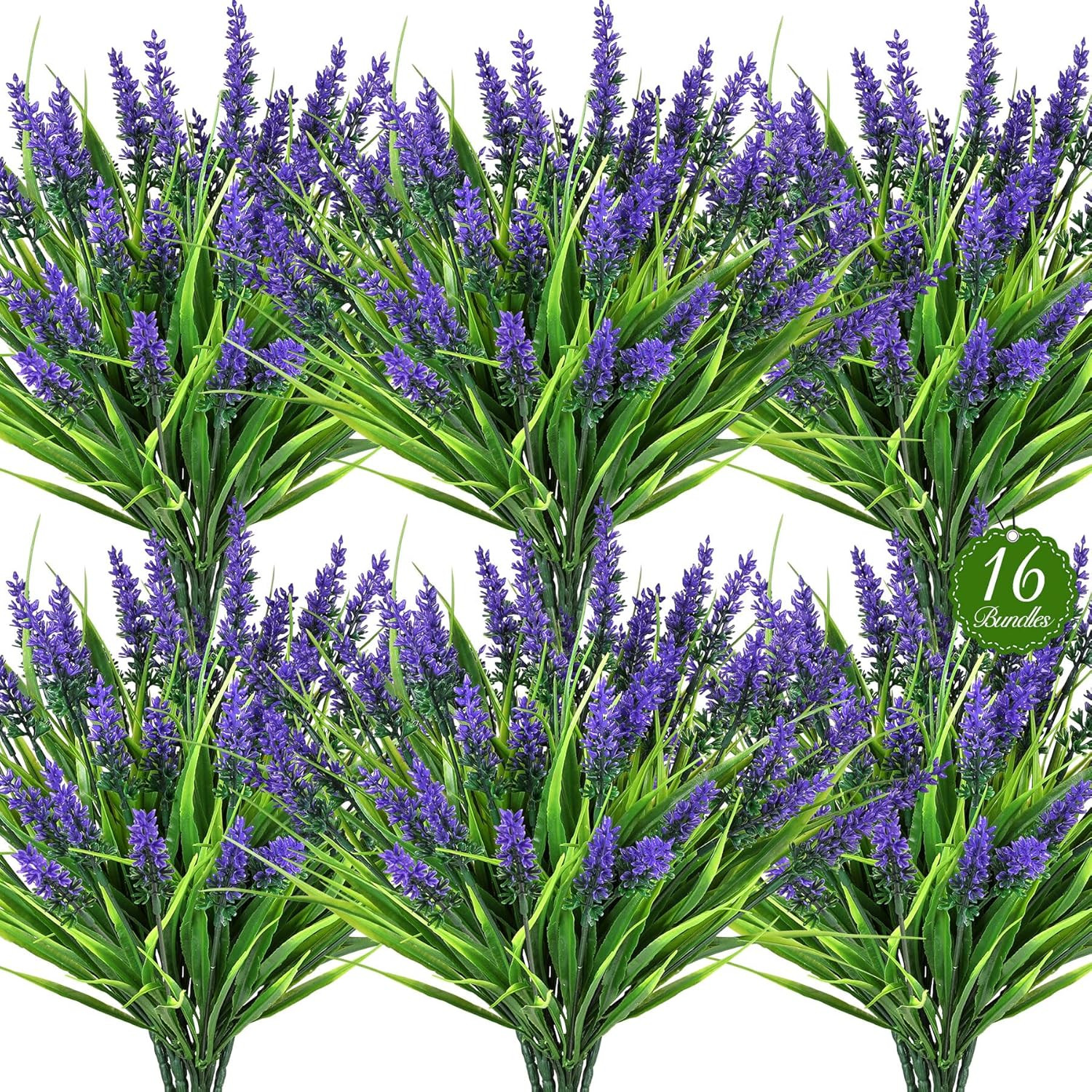 16 Bundles Artificial Plants Outdoor, UV Resistant Fake Lavender & Monkey Grass,