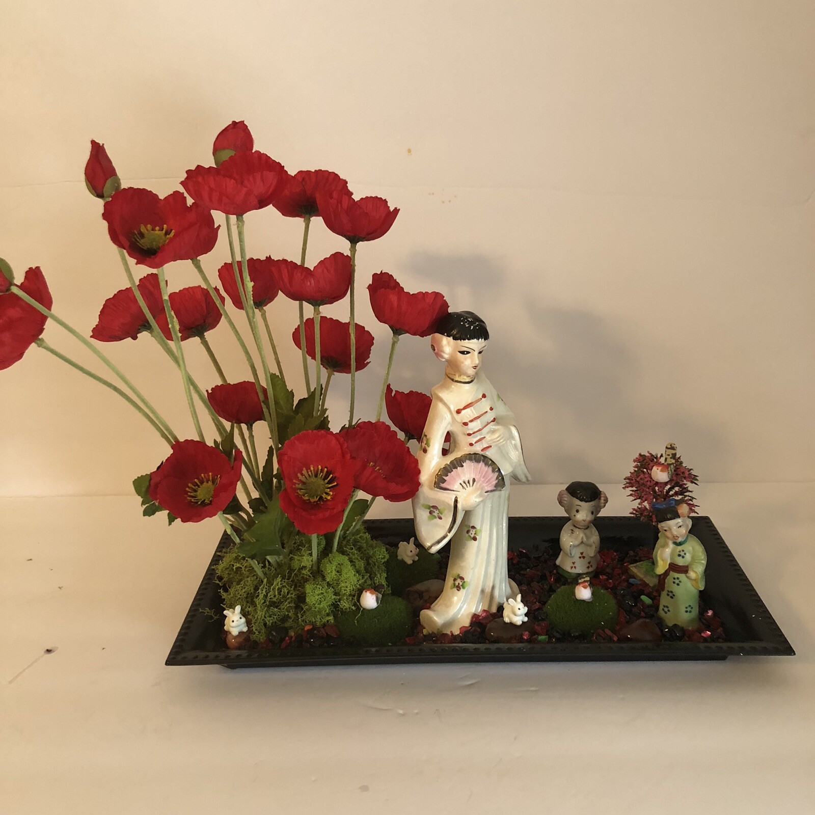 OOAK Asian Art Assemblage Geisha Garden Diorama Faux Poppies Home Decor
