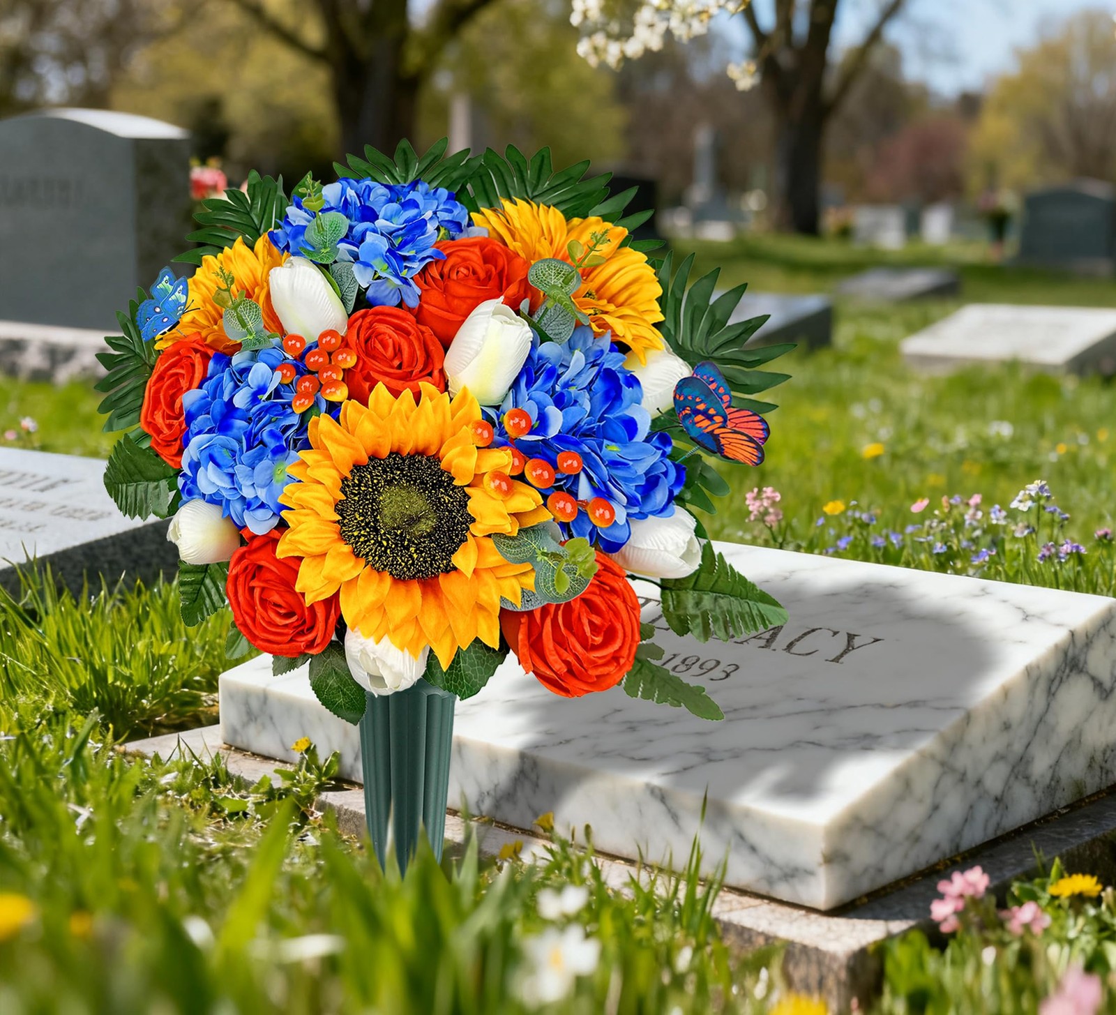 Artificial Cemetery Flowers Grave Vase Headstone Silk Arrangement Orange